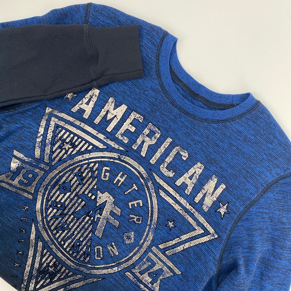 American Fighter Thermal Shirt Mens M Blue Ombre Graphic Waffle Knit MMA Y2K